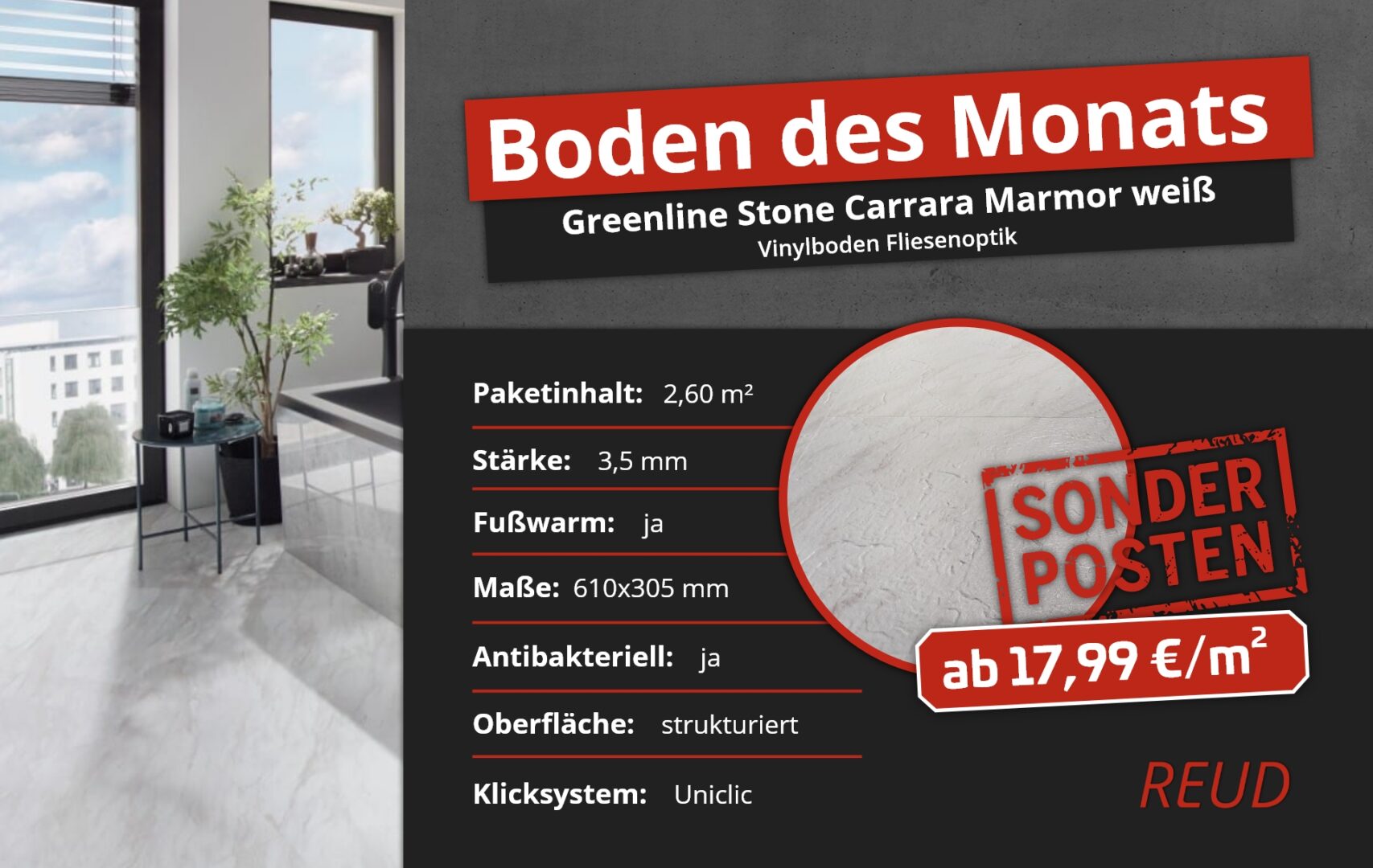 Greenline Stone Carrara Marmor weiß Vinylboden | Boden des Monats März 2023